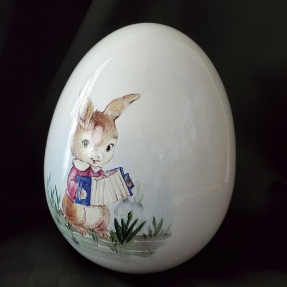VTG Decorative Ceramic Egg With Easter Bunny Playing Accordion 6.5" Tall 4" Wide - Picture 8 of 8